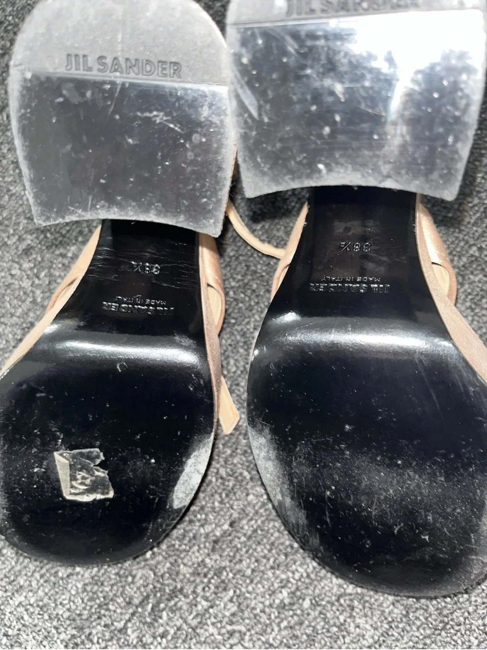 Jil Sander Champagne Satin Platform Sandals Ankle Strap 38.5 US 8